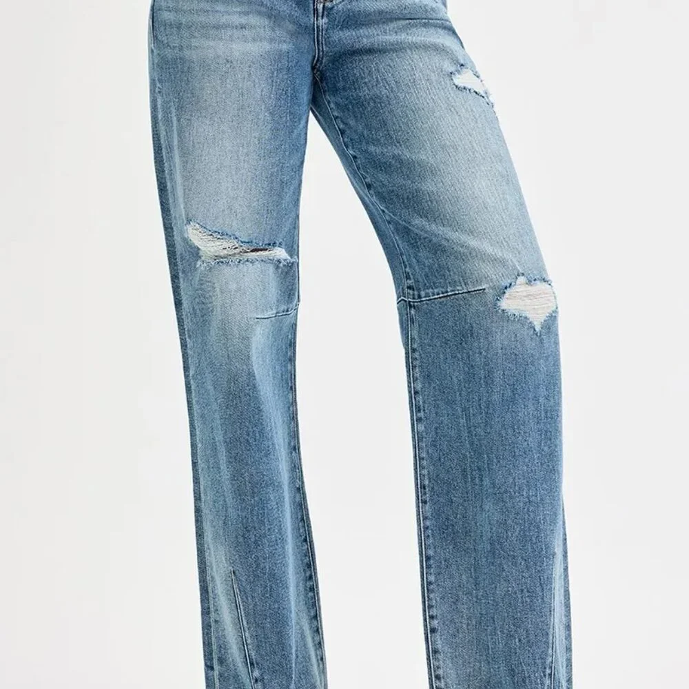 RISEN Full Size‎ Mid Rise Fit Wide Baggy Leg Tie Washed Jeans Plus Size